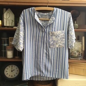 Blue & White Striped + Floral Tee | M
